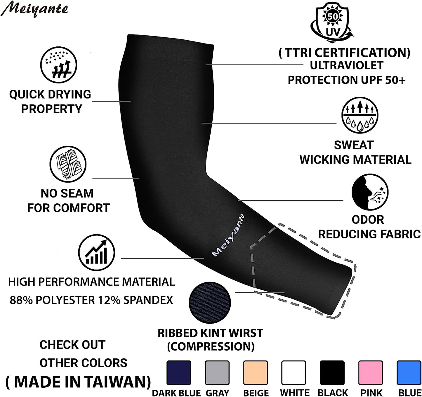 Meiyante Arm Sleeves for Men Women Work 1 Pair UV Sun Protection UPF Long Sleeves Tattoo Cover Up Sleeves to Cover Arm Sleeves Cooling (Amazon Arm Sleeves)