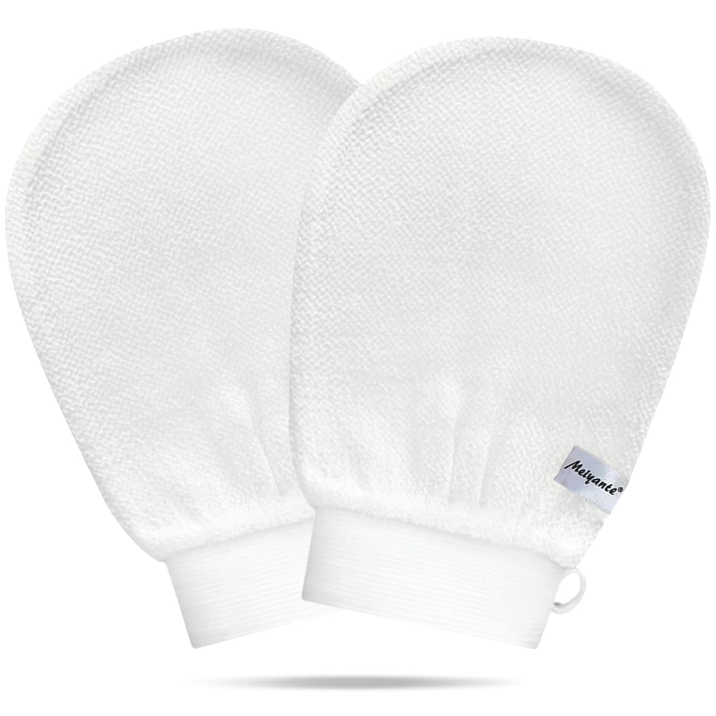 Meiyante Korean Exfoliating Mitts (2pcs White L) Microdermabrasion at Home Exfoliating Gloves Visibly Lift Away Dead Skin, Great for Spray Tan Removal or Keratosis Pilaris Made of 100% Viscose Fiber