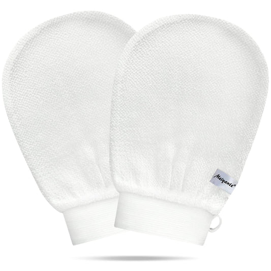 Meiyante Korean Exfoliating Mitts (2pcs White L) Microdermabrasion at Home Exfoliating Gloves Visibly Lift Away Dead Skin, Great for Spray Tan Removal or Keratosis Pilaris Made of 100% Viscose Fiber
