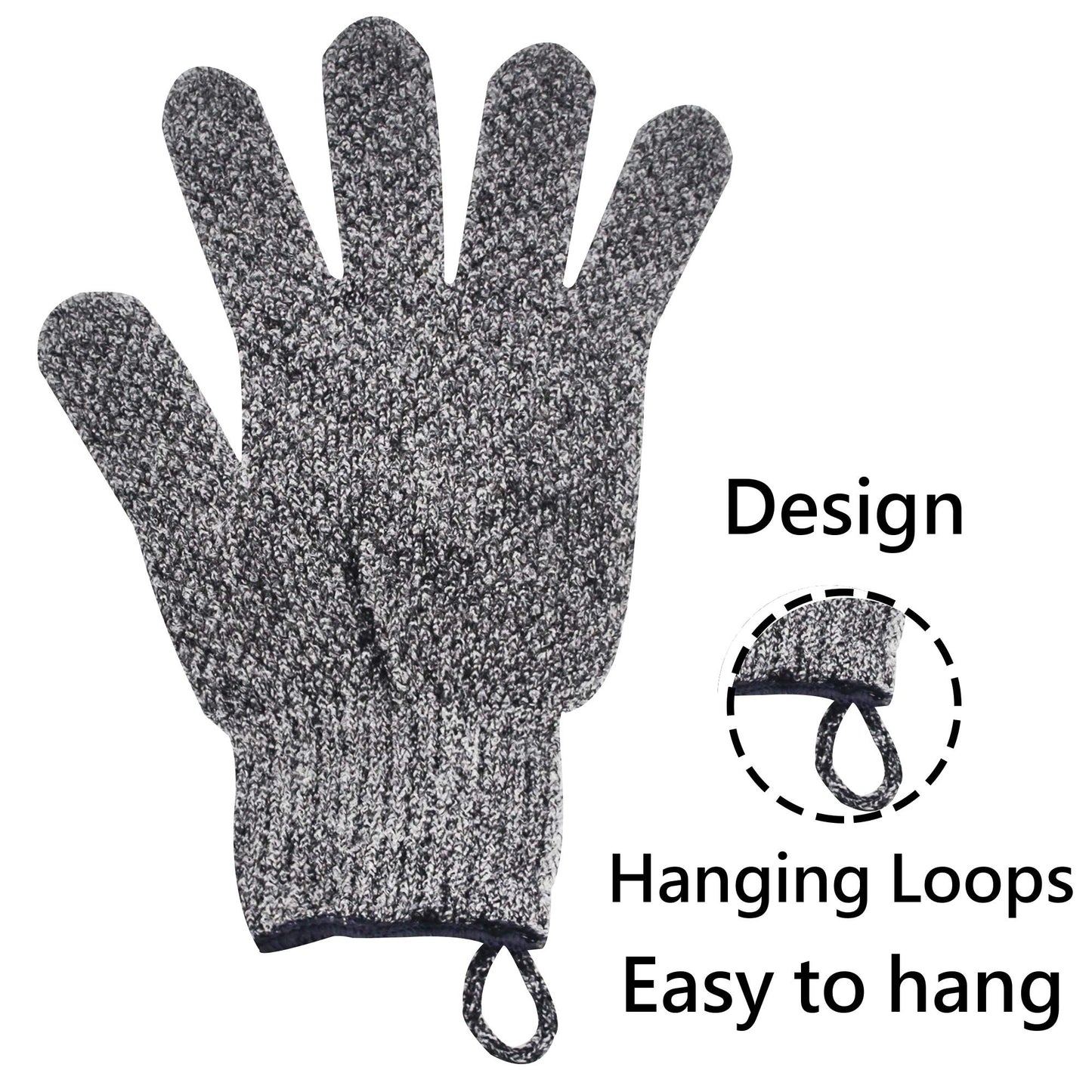 Meiyante Exfoliating Gloves with Hanging Loop – 1 Pair Bamboo Charcoal Bath & Shower Scrub Gloves, Dead Skin & Ingrown Hair Remover