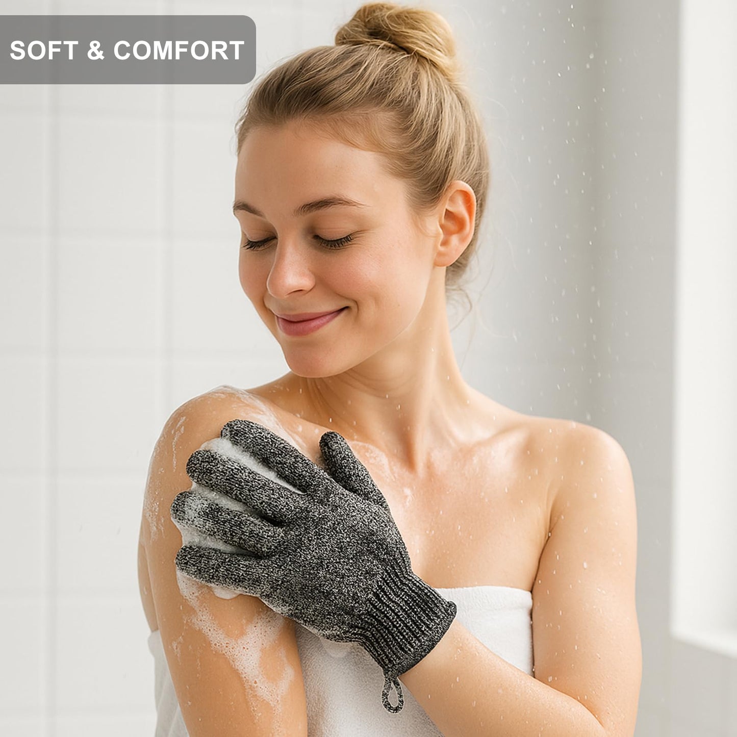 Meiyante Exfoliating Gloves with Hanging Loop – 1 Pair Bamboo Charcoal Bath & Shower Scrub Gloves, Dead Skin & Ingrown Hair Remover
